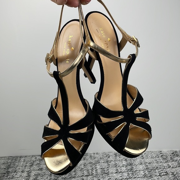 KATE SPADE ♠️ Black Gold Rosie Sandals Heels 8 - Picture 15 of 16